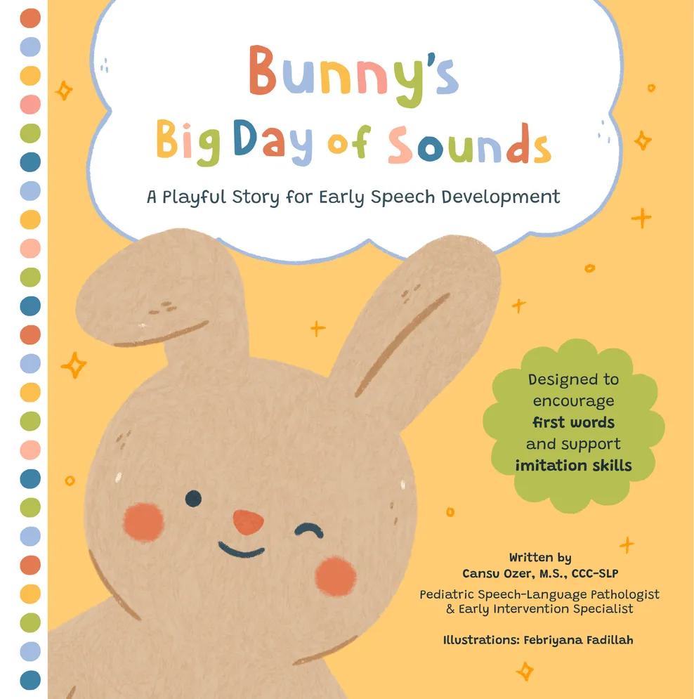 Bunny's Big Day of Sounds book cover -- the dotted spine edge and front cover with the title cloud and winking Bunny