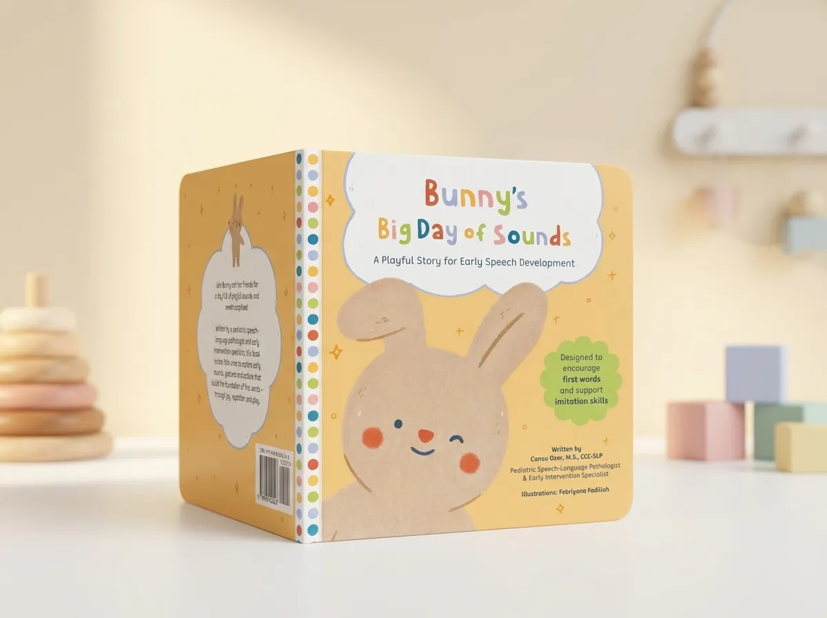 Bunny's Big Day of Sounds board book standing on a nursery table beside a stacking-ring toy and pastel building blocks