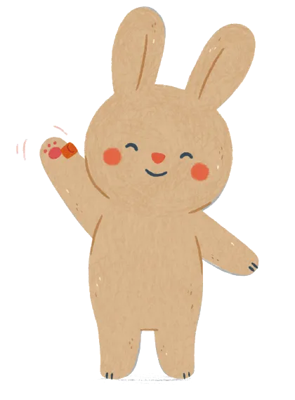 Bunny, a soft tan rabbit from Bunny's Big Day of Sounds, standing on a grassy hill and waving hello