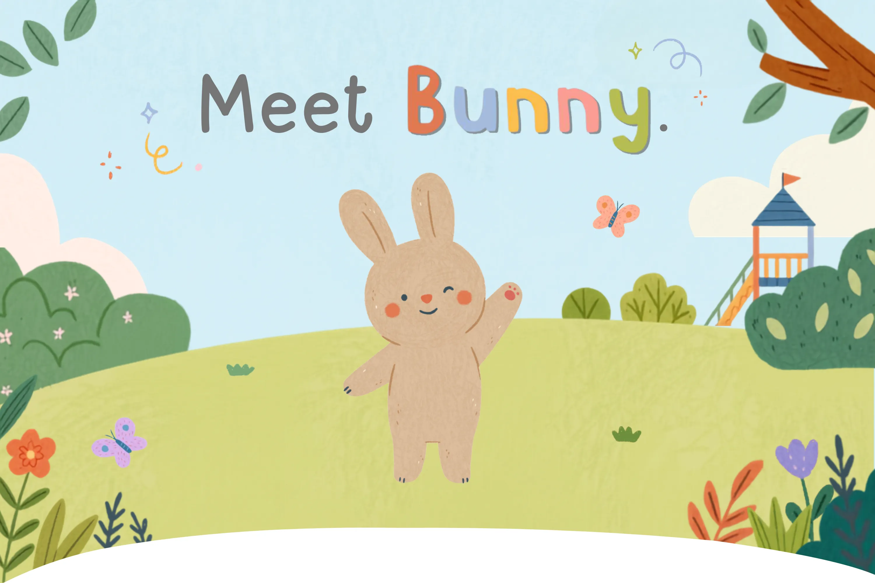 Meet Bunny — a soft tan rabbit winks and waves from a sunny playground meadow with butterflies, flowers, and a slide