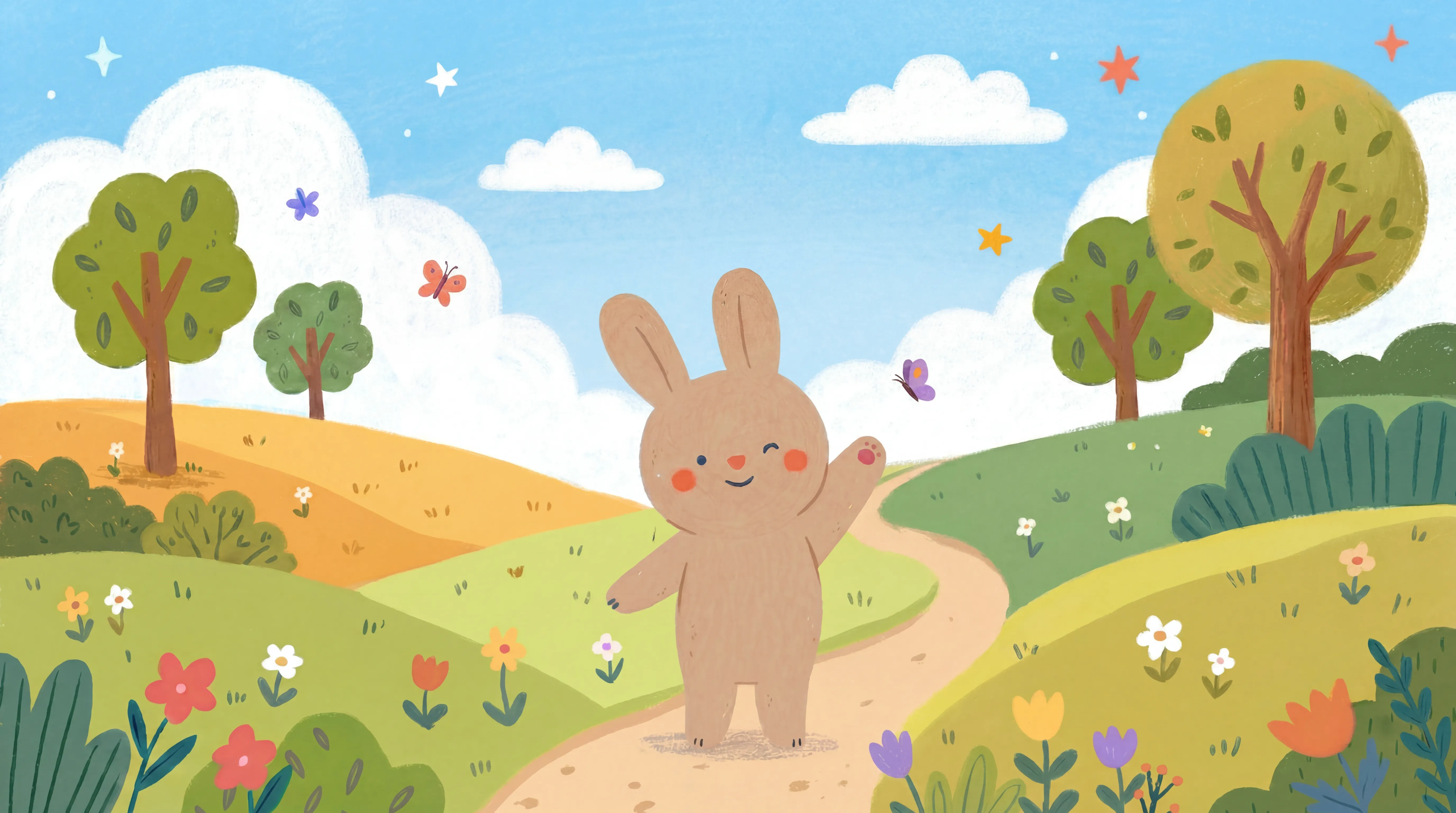 Bunny, a soft tan rabbit, winks and waves hello from a winding path through sunny illustrated hills dotted with trees, wildflowers, and butterflies