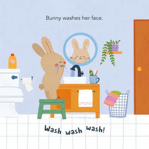 Bunny washing her face at the bathroom sink