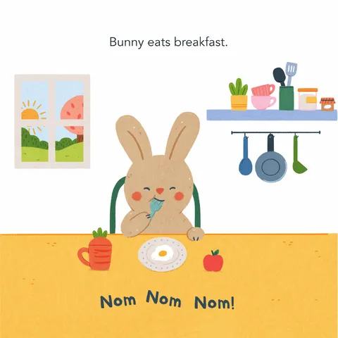 Bunny eating breakfast at the kitchen table