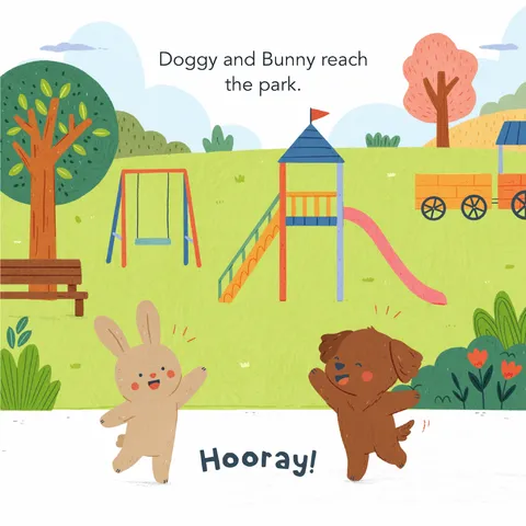 Bunny and Doggy arriving at the park, cheering